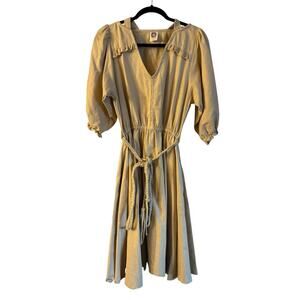 Bali ELF Women’s 100% Linen Tan Dress Ruffles Baby Doll Belted S Slow Fashion
